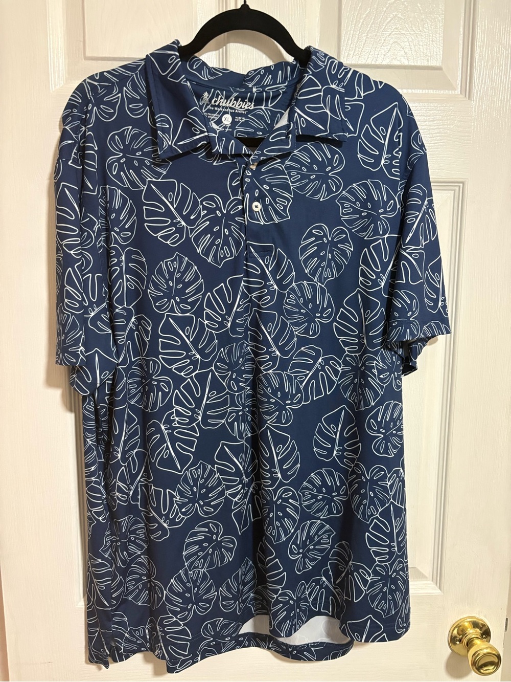 chubbies Navy Blue Polo with White Leaf Print